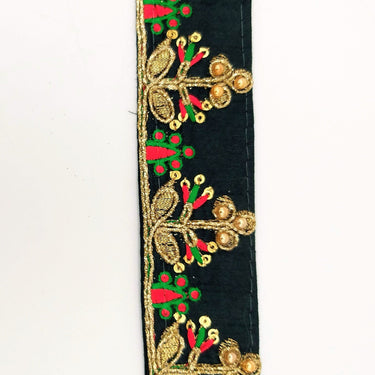Black Art Silk Trim In Red And Gold Embroidery, Approx. 35mm wide, Decorative Trim